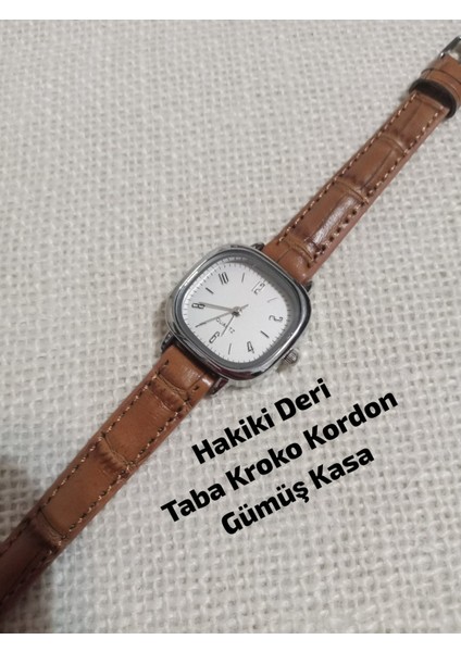 Vintage Model Kare-Oval Gümüş Kasa Retro Still - Taba (Hakiki Deri) Kordon Kadın Kol Saati 0054