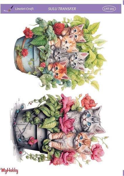 LNT-302 Saksı Içinde Minik Kediler 25 * 35 cm Sulu Transfer
