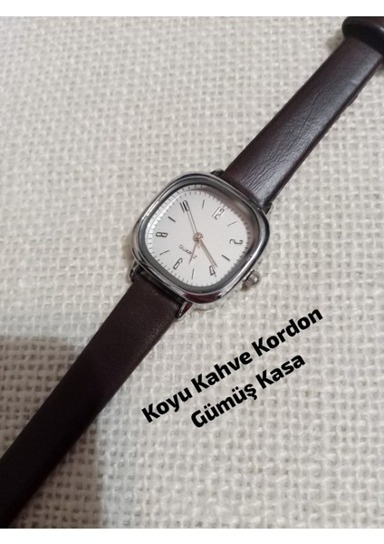 Vintage Model Kare-Oval Gümüş Kasa Retro Still - Koyu Kahve Kordon Kadın Kol Saati 0054