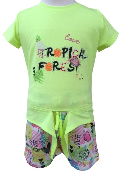 Kız Çocuğu İkili Takım Baskılı T-Shirt Çok Renkli Şort 18-24 Ay Neon Yeşil