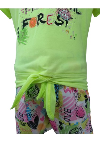 Kız Çocuğu İkili Takım Baskılı T-Shirt Çok Renkli Şort 18-24 Ay Neon Yeşil modelleri