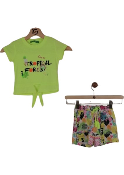 Kız Çocuğu İkili Takım Baskılı T-Shirt Çok Renkli Şort 18-24 Ay Neon Yeşil