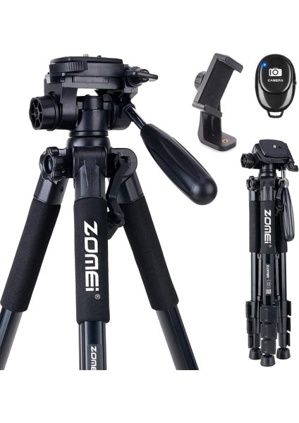 Zomei Q111 Kamera Tripodu Cep Telefonu Tutuculu + Uzaktan Kumanda, Alüminyum Alaşım Hafif Kamera Ayaklı Tripod 3 Yönlü Döner Başlık Hızlı Değiştirme Plakası ve Çanta 47 - 140 cm Siyah Renk