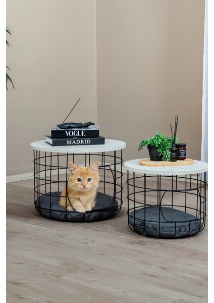 2'li Kedi Yuvalı Sepet Orta Sehpa – Beyaz Traverten Ahşap Tablalı & Minderli Tasarım