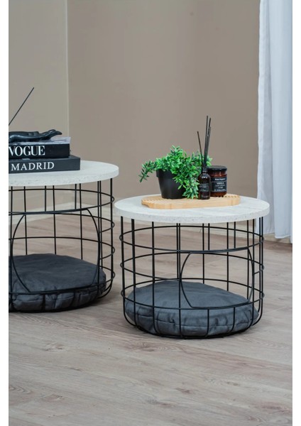 2'li Kedi Yuvalı Sepet Orta Sehpa – Beyaz Traverten Ahşap Tablalı & Minderli Tasarım modelleri