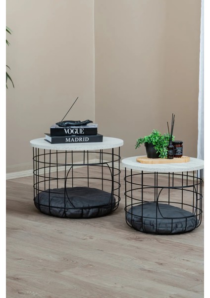 2'li Kedi Yuvalı Sepet Orta Sehpa – Beyaz Traverten Ahşap Tablalı & Minderli Tasarım indirimleri