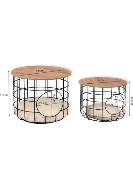 2'li Kedi Yuvalı Sepet Orta Sehpa – Beyaz Traverten Ahşap Tablalı & Minderli Tasarım