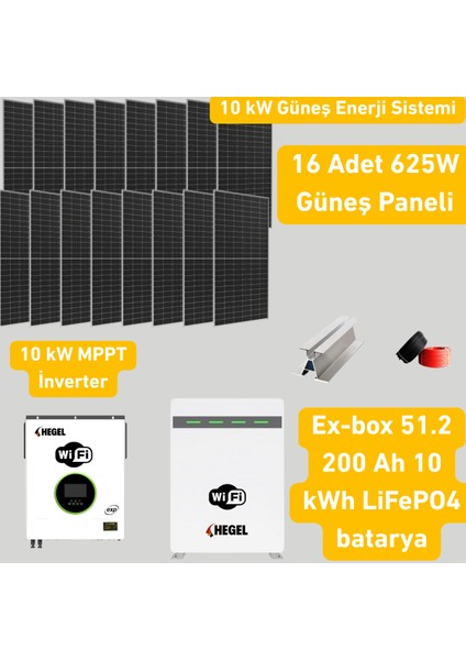 10 Kw Solar Sistem Paketi – Hegel Inverter + 16X625W Panel + 51.2V 200AH Lityum Akü