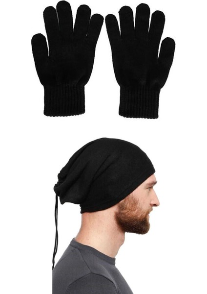 Termal Unisex Siyah Yün Eldiven Polar Bere Boyunluk Set