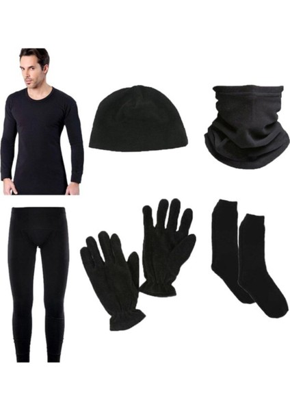 Erkek Siyah Termal Içlik Takımı Polar Bere Boyunluk Eldiven Havlu Çorap Seti I