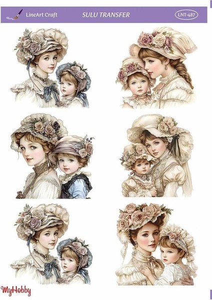 LNT487 Çoklu Desen, Anne Çocuk, Anne Kız, Anne Oğul Açık Zemin Sulu Transfer 25*35 cm