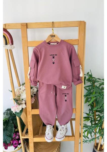 Love Me Baskılı Kol Cep Detaylı Kız Çocuk 2 li takım - Gül Kurusu