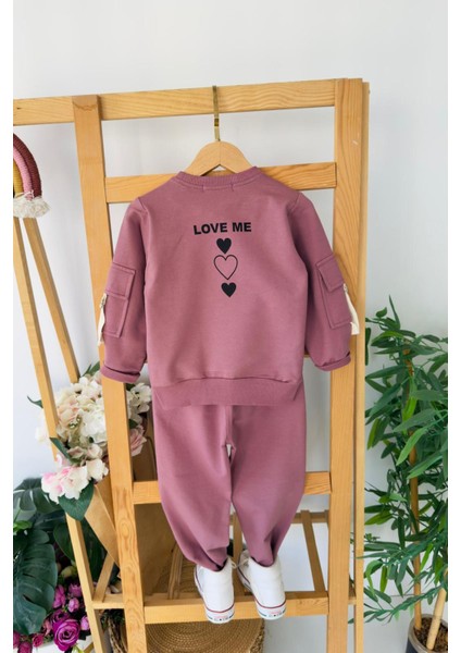 Love Me Baskılı Kol Cep Detaylı Kız Çocuk 2 li takım - Gül Kurusu fiyatları