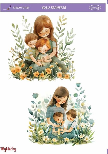 LNT495 Çoklu, Anneler Günü, Anne Çocuk Desenli Açık Zemin Sulu Transfer 25*35 cm