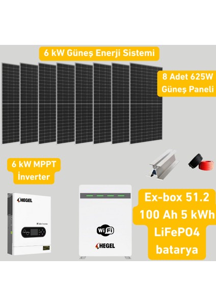 6 Kw Solar Sistem Paketi – Hegel Inverter + 8X625W Panel + 51.2V 100AH Lityum Akü