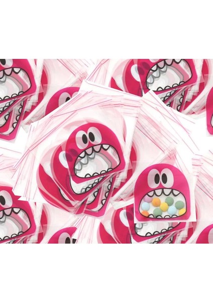 10X15 cm Bantlı Pembe Renk Canavar Desenli Şeffaf Jelatin Poşet Opp 200 Adet