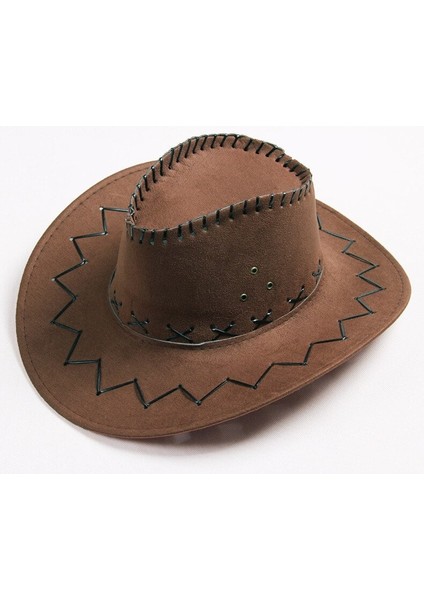 Bağcıklı Yetişkin Boy Nubuk Süet Kovboy Şapkası Koyu Kahve Renk