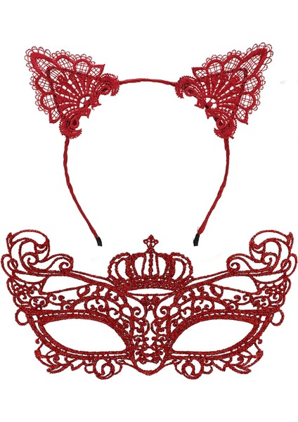 Lüks Kırmızı Dantel Taçlı Maske Seti 2 No - Parti, B, Kostüm Aksesuarı fiyatları