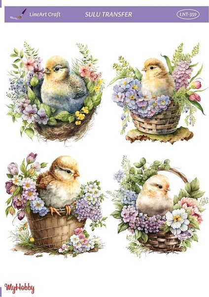 Lnt 359 Sepet Içinde Civciv, Kuş Desenli Açık Zemin Sulu Transfer 25*35 cm