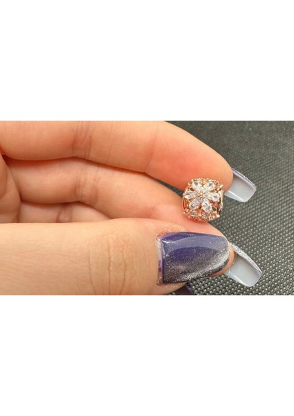 Işıltılı Herbaryum Yuvarlak Charm Rose Renk Zirkon Taşlı 925 Ayar Gümüş