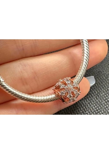 Işıltılı Herbaryum Yuvarlak Charm Rose Renk Zirkon Taşlı 925 Ayar Gümüş modelleri