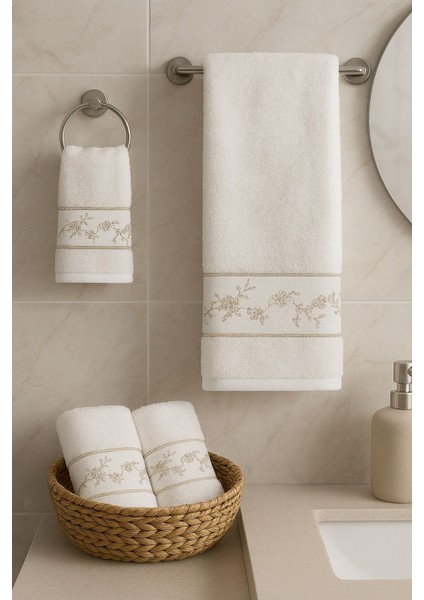 Çiçekli Nakışlı Misafir Banyo Seti Gold
