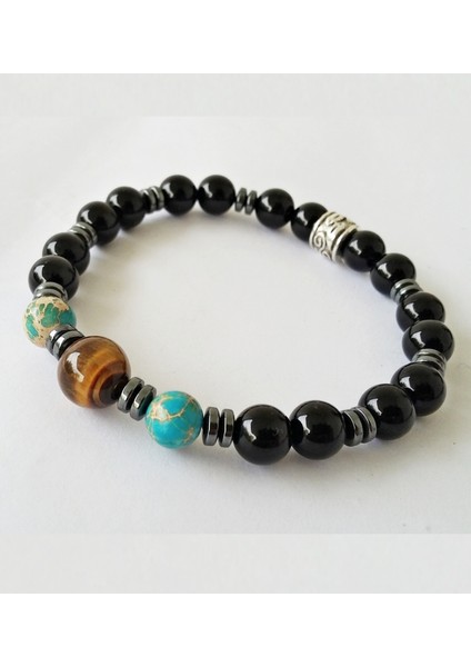 Doğal Taş Bileklik Oniks ve Kaplan Gözü ve Varisit ve Hematit MDB212
