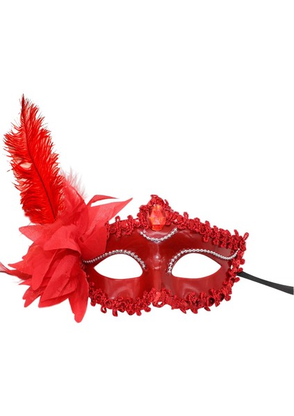 Kırmızı Mat Renk Yandan Tüylü Güllü Parti B Venedik Maskesi 16X22