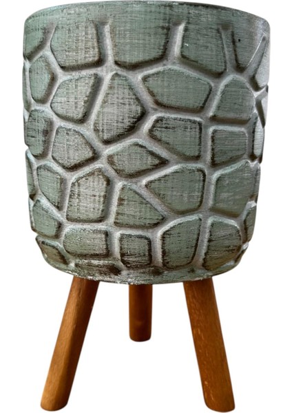 Ev Dekorasyon Yeşil Eskitme Taş Desen Beton Saksı Ayaklı Çiçeklik Saksılık