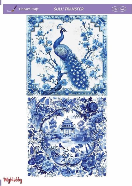 Lnt 342 Mavi, Beyaz, Tavuskuşu Desenli Açık Zemin Sulu Transfer 25*35 cm