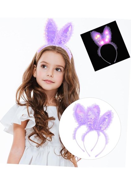 Kenarları Dantelli Mor Pullu Payetli LED Işıklı Tavşan Kulak Taç 23X19 cm