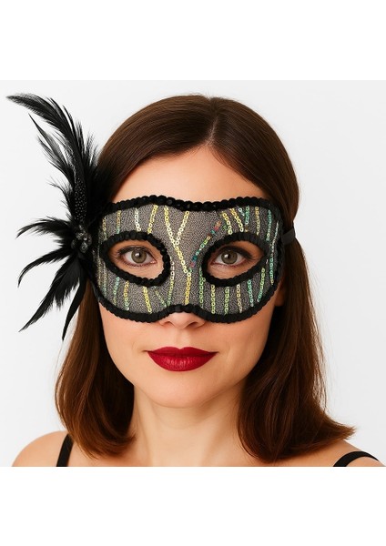Siyah Renk Yandan Tüylü Pul Payet Işlemeli Parti Maskesi 23X12 cm