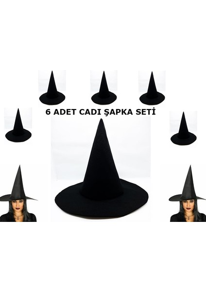 Siyah Cadı Şapkası Keçe Yetişkin Boy 6 Adet