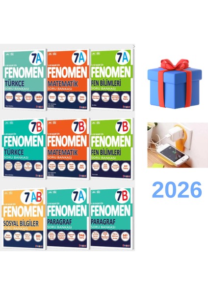 Fenomen 2025-2026 7.sınıf Tür-Mat-Fen-Sosyal-Paragraf 9'lu A(TEMEL-ORTA)+B(ORTA-İLERİ SEVİYE) Full Set Priz Tutuculu