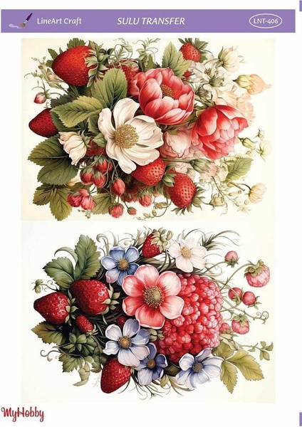 LNT406 Çiçek ve Çilek Desenli Açık Zemin Sulu Transfer 25*35 cm