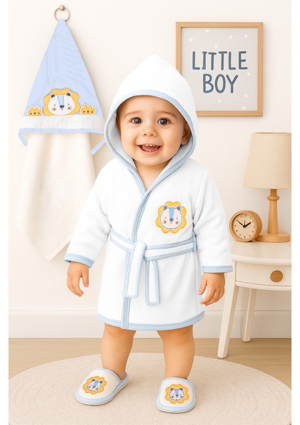 Erkek Bebek Aslan Lüks Bornoz Takımı Havlu Seti % 100 Pamuk Kumaş 0- 2 Yaş STL7084