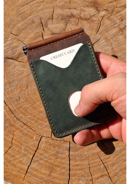 Yeşil Taba Hakiki Deri Para Klipsli Cüzdan & Kartlık Vintage Kartlık
