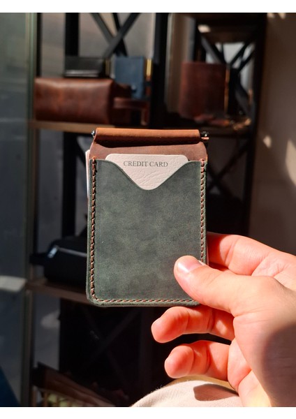 Yeşil Taba Hakiki Deri Para Klipsli Cüzdan & Kartlık Vintage Kartlık