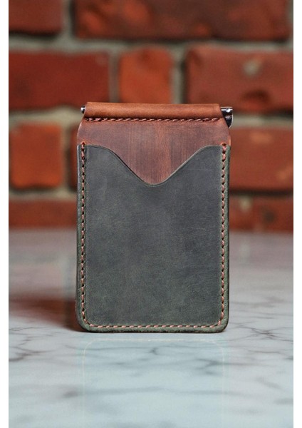 Yeşil Taba Hakiki Deri Para Klipsli Cüzdan & Kartlık Vintage Kartlık