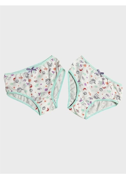 Kız Çocuk %100 Pamuklu Beyaz Kedi Balık Desenli 2 Li Slip Külot