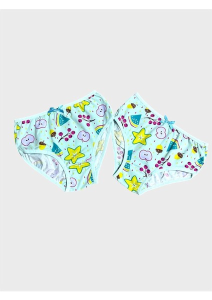 Kız Çocuk %100 Pamuklu Yeşil Yıldız Meyve Desenli 2li Slip Külot