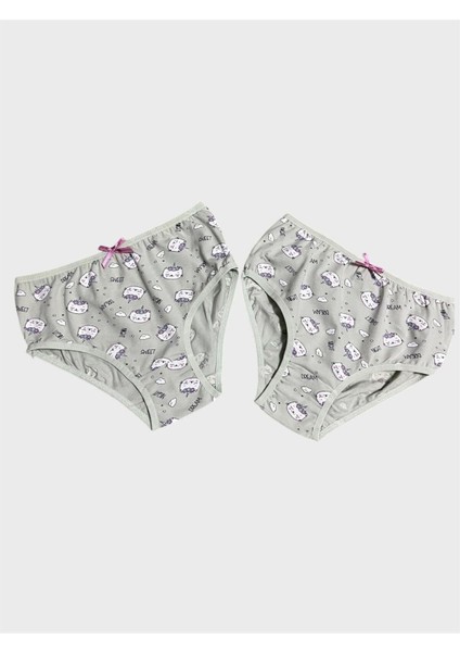 Kız Çocuk %100 Pamuklu Yeşil Kedi Desenli 2 Li Slip Külot