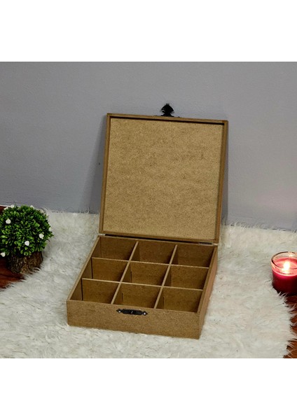 Ahşap Kare 9 Bölmeli Takı Saat Aksesuar Kutusu Hobi Ham Boyanabilir Mdf Saklama Kutusu