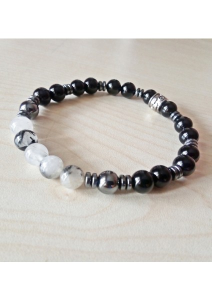 Siyah Oniks ve Rutil Kuvars ve Hematit Doğal Taş Erkek Bileklik MDB336