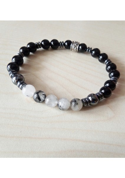 Siyah Oniks ve Rutil Kuvars ve Hematit Doğal Taş Erkek Bileklik MDB336 fiyatları