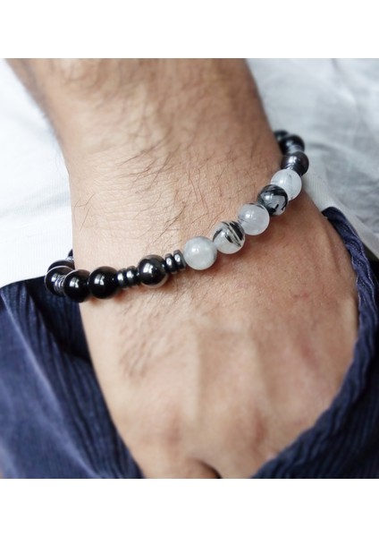 Siyah Oniks ve Rutil Kuvars ve Hematit Doğal Taş Erkek Bileklik MDB336 modelleri