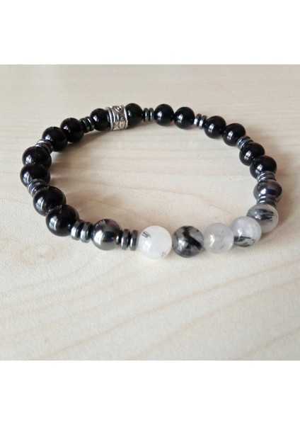 Siyah Oniks ve Rutil Kuvars ve Hematit Doğal Taş Erkek Bileklik MDB336 fırsatları