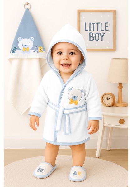 Erkek Bebek Ayıcık Lüks Bornoz Takımı Havlu Seti % 100 Pamuk Kumaş 0- 2 Yaş STL7085