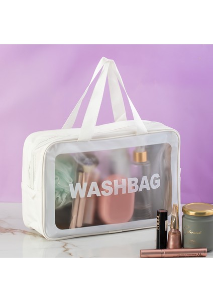 3142-1 Şeffaf - Beyaz Seyahat ve Makyaj Çantası Su Geçirmez Organizer Washbag 20X30CM