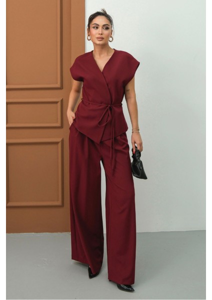 Kadın Ikili Alt Üst Takım Bağcıklı Bol Kesim Dökümlü Yazlık Kısa Kollu Kimono Ceket Palazzo Pantolon